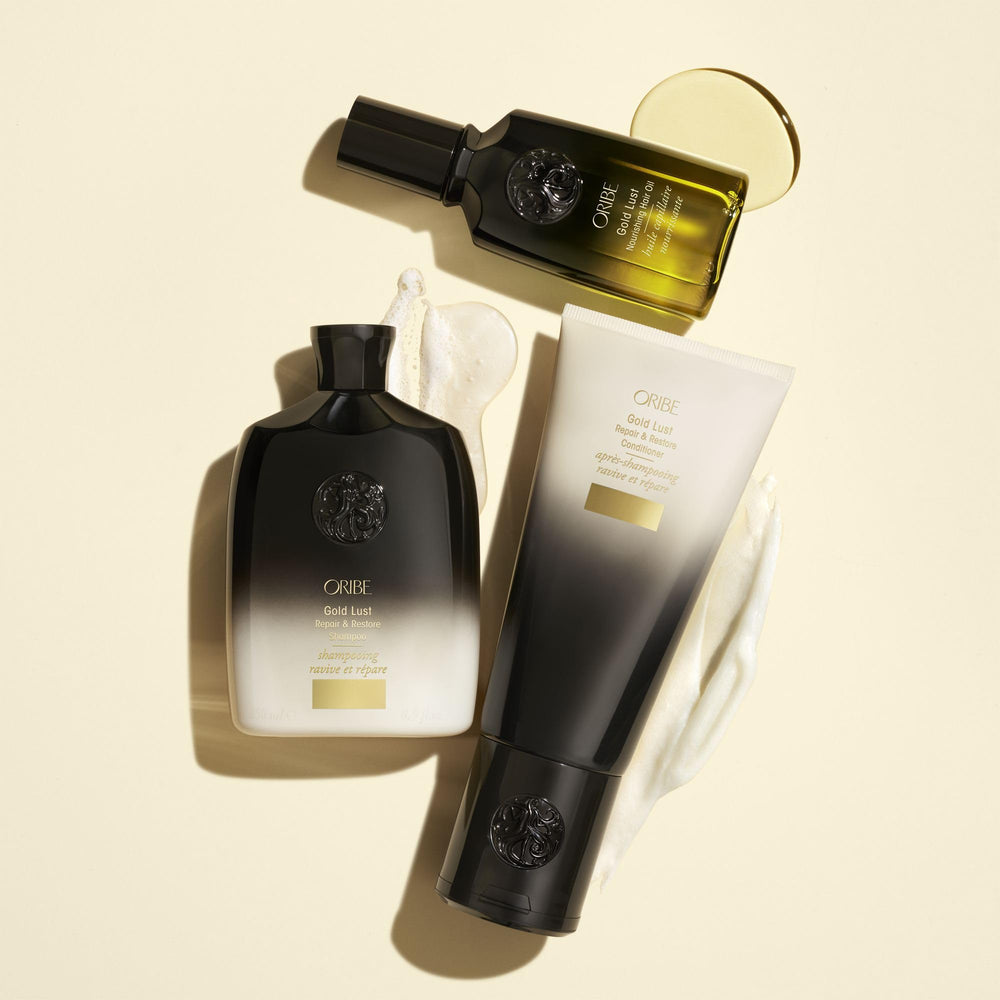 Oribe Gold Lust ingredientes argán y maracuyá resaltando nutrición y brillo
