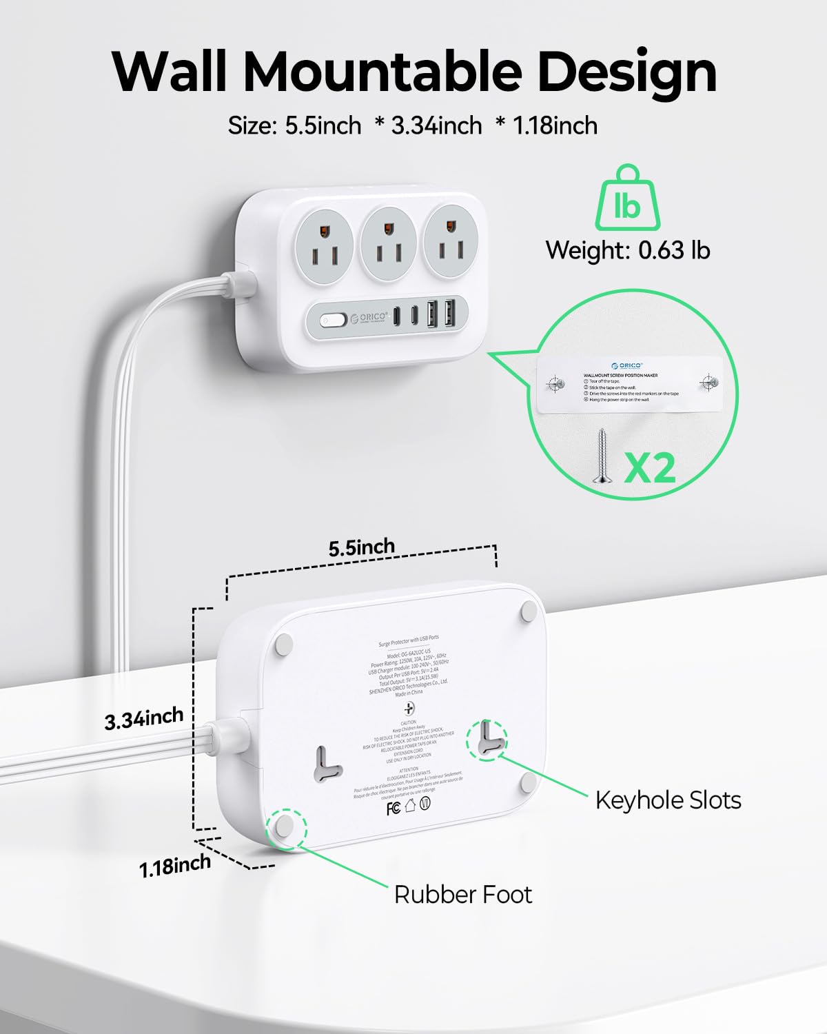 ORICO regleta montada en pared para ahorrar espacio y mantener orden