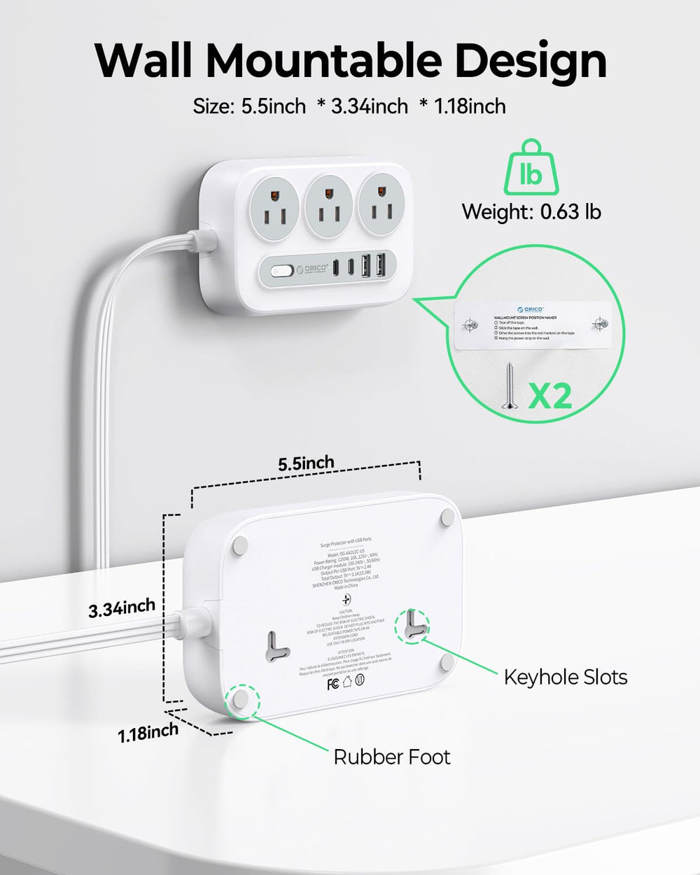 ORICO regleta montada en pared para ahorrar espacio y mantener orden