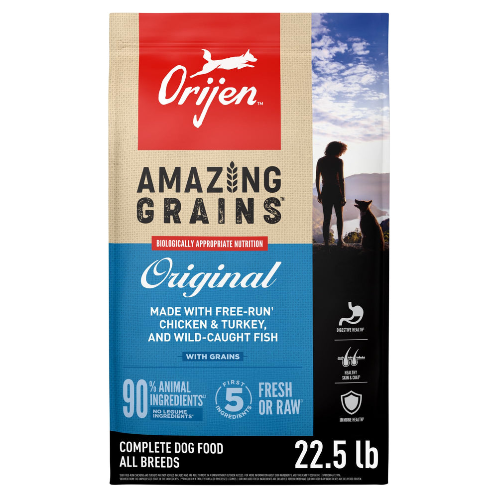 ORIJEN bag front showing Amazing Grains packaging and nutritional benefits