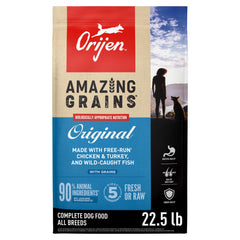 ORIJEN bag front showing Amazing Grains packaging and nutritional benefits