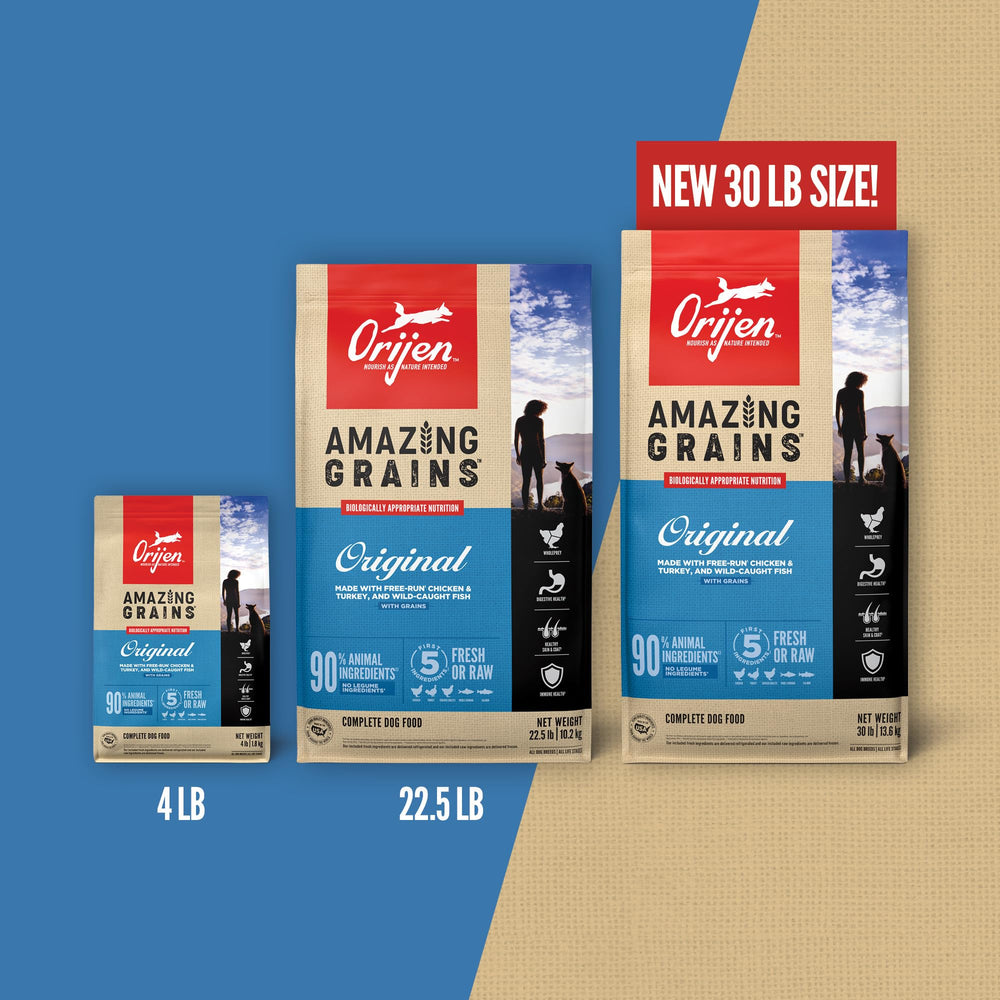 ORIJEN grains heap with quinoa oats and chia for digestive fiber