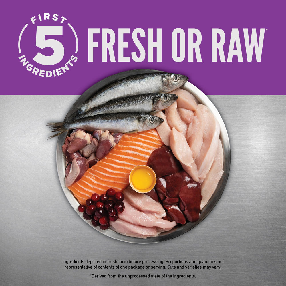 ORIJEN fresh ingredients display of chicken, salmon and herring for rich protein