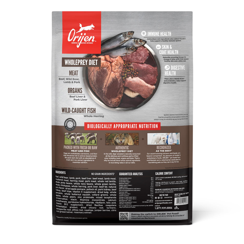 ORIJEN primer plano de textura de croquetas con alto contenido animal