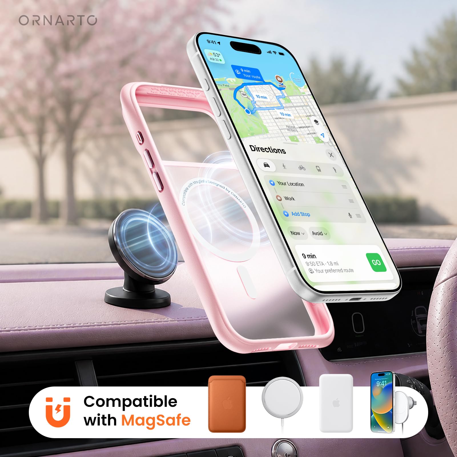 ORNARTO funda en uso con accesorios MagSafe y carga inalámbrica