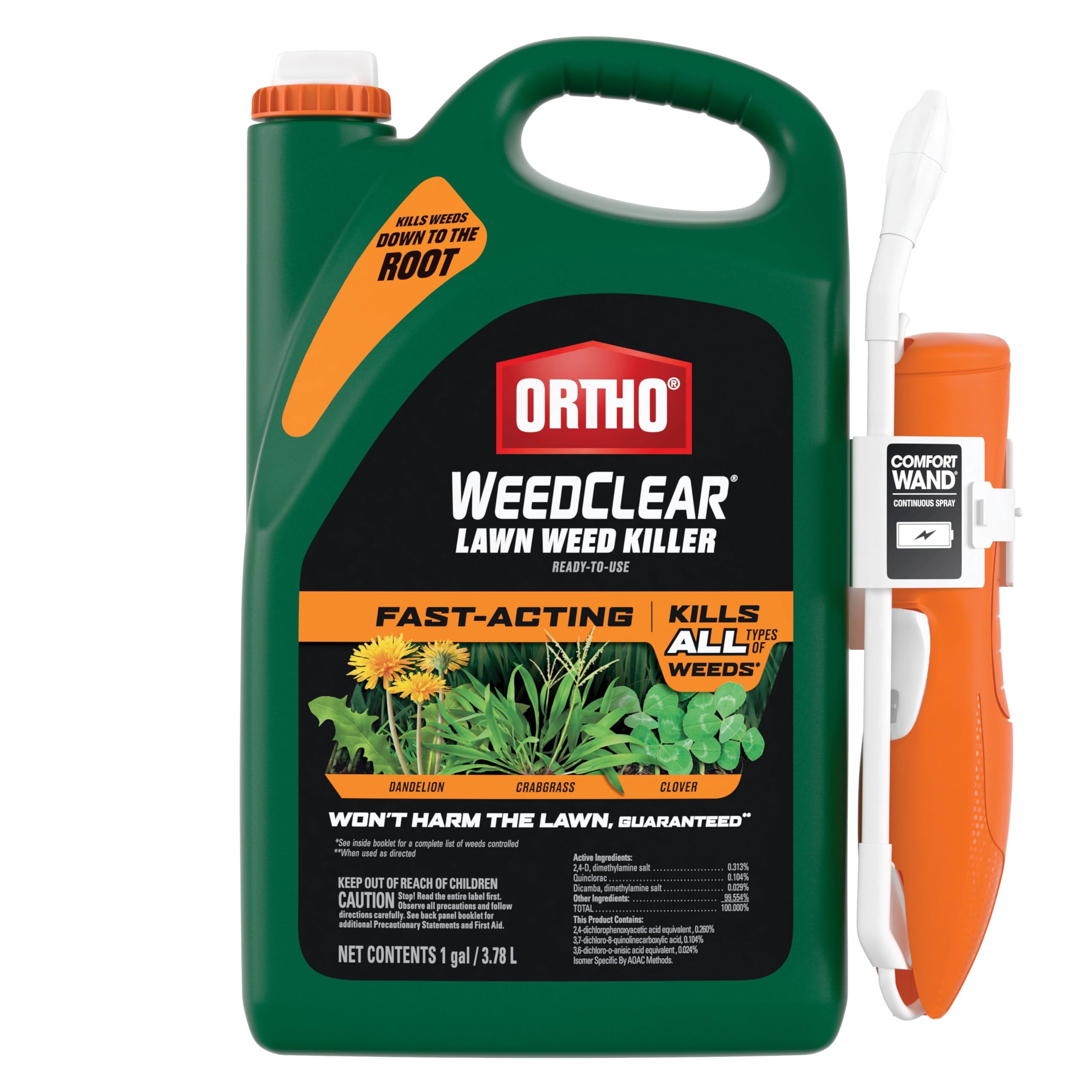 Ortho botella frontal mostrando el envase de 1 galón y aplicador Comfort Wand para aplicación precisa