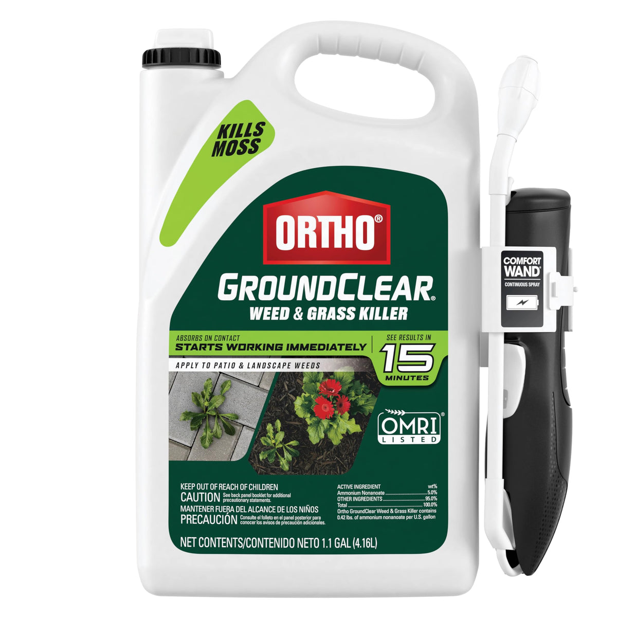 Ortho envase frontal GroundClear mostrando tamaño y etiqueta, limpieza rápida