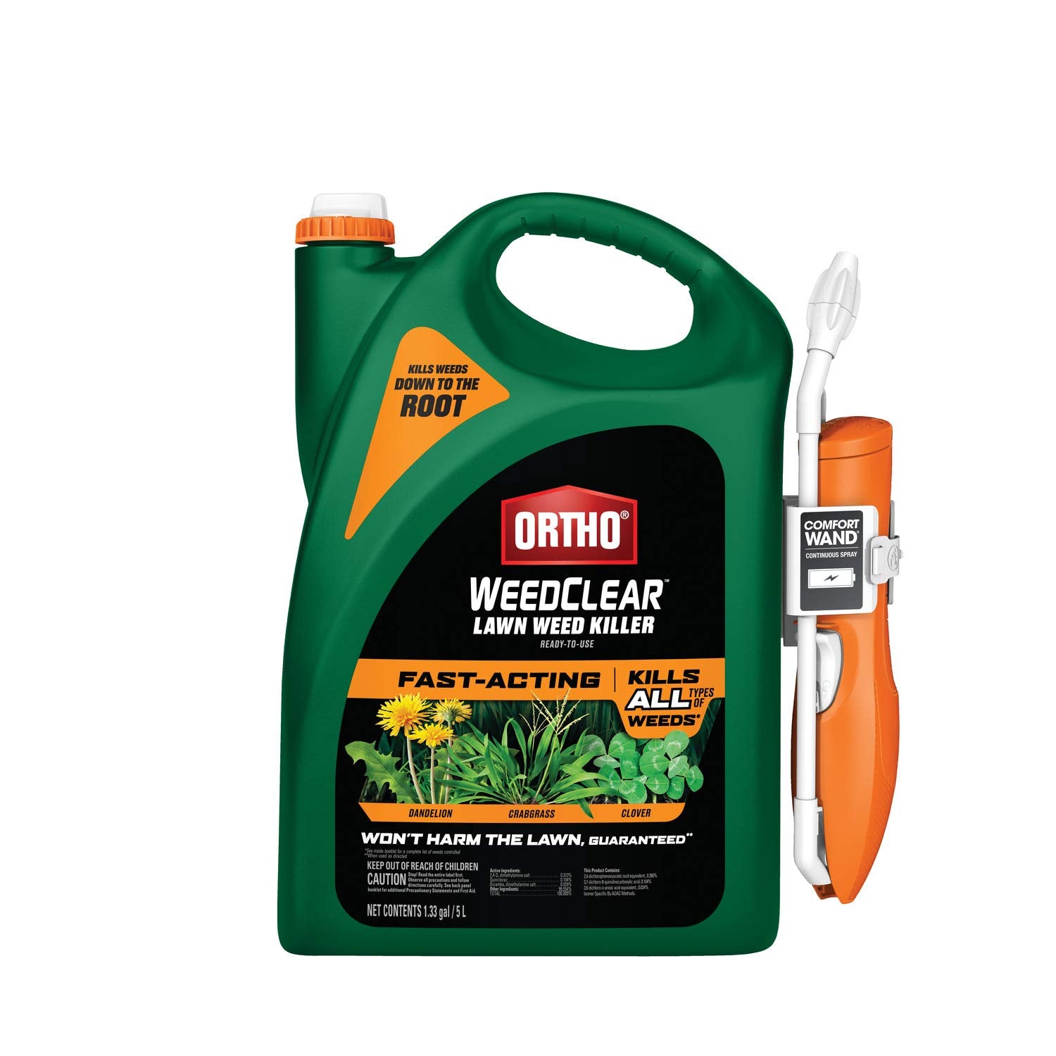 Ortho WeedClear front bottle showing branding and 1.33 gal capacity, clear product benefit