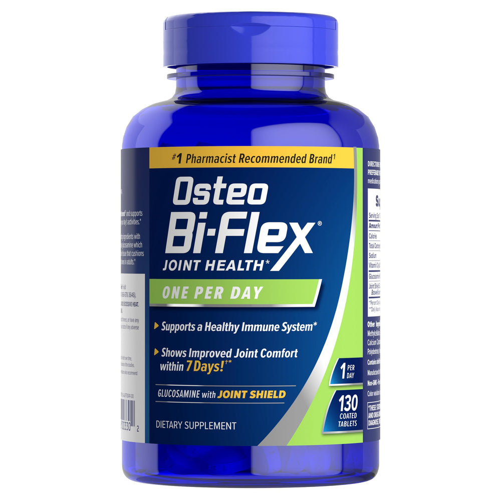 Osteo Bi-Flex frasco del frente mostrando el producto y conveniencia diaria