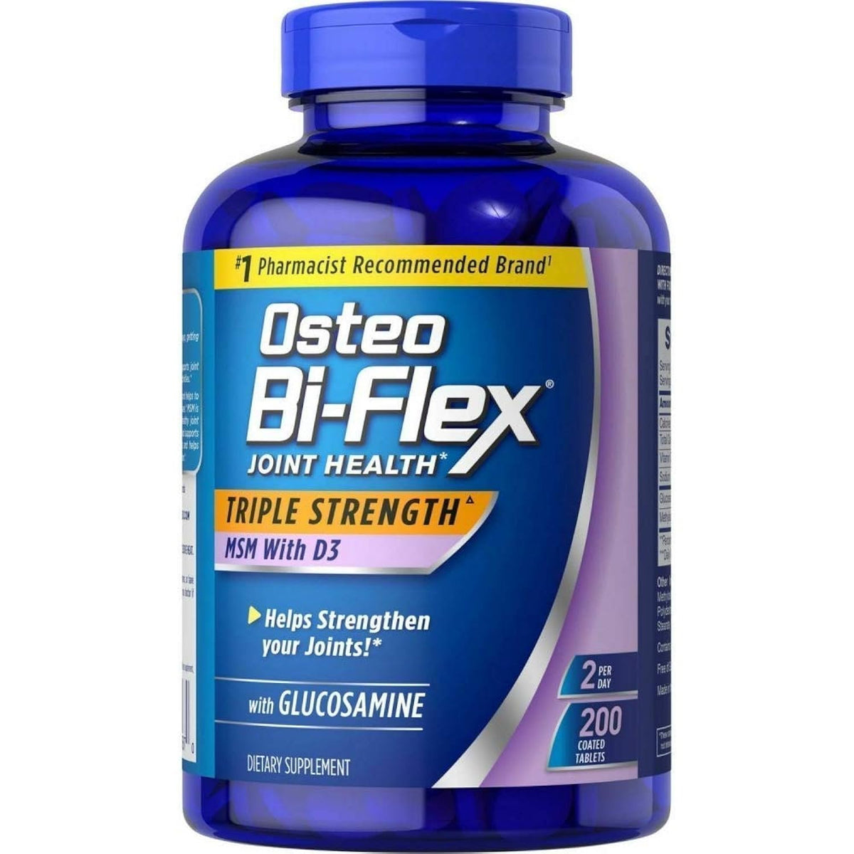 Osteo Bi-Flex frasco frente mostrando etiqueta clara y contenido 200 tabletas