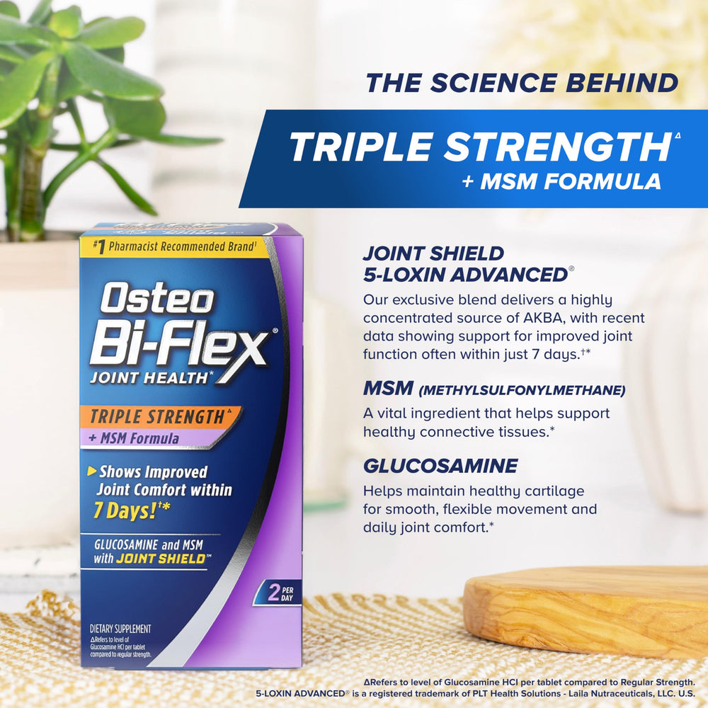 Osteo Bi-Flex frasco sobre una mesa con una rutina diaria de suplementos
