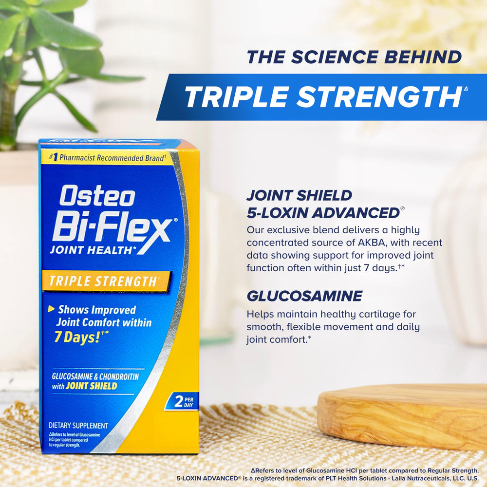 Osteo Bi-Flex comprimido junto a un vaso de agua indicando pauta de toma