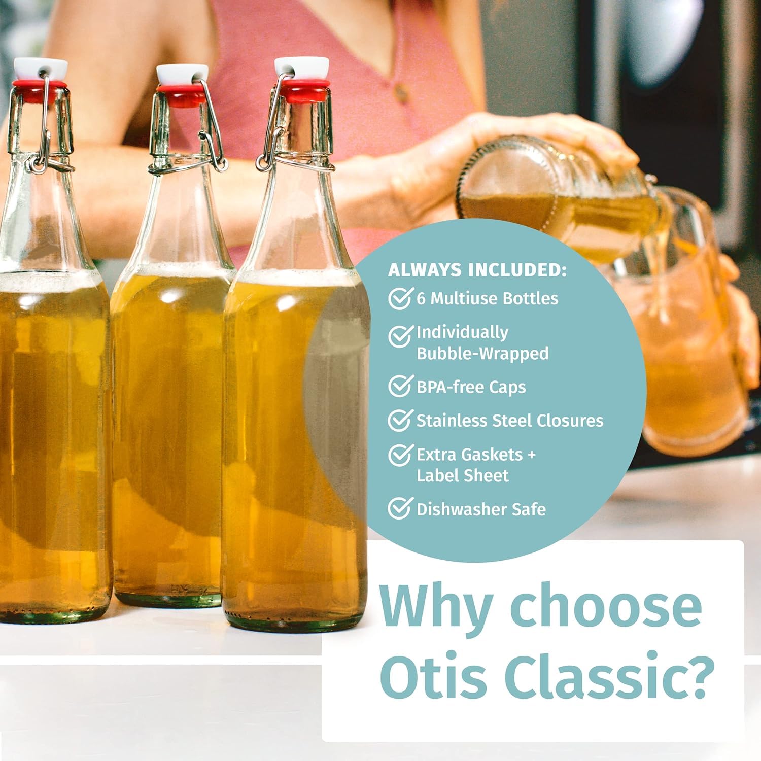 Otis Classic botella en uso conservando kombucha con carbonatación segura