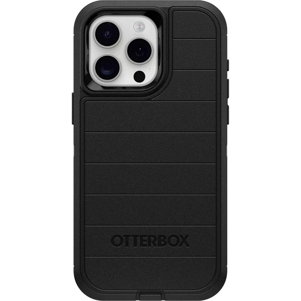 OtterBox Defender frontal para iPhone 15 Pro Max mostrando ajuste preciso y protección completa