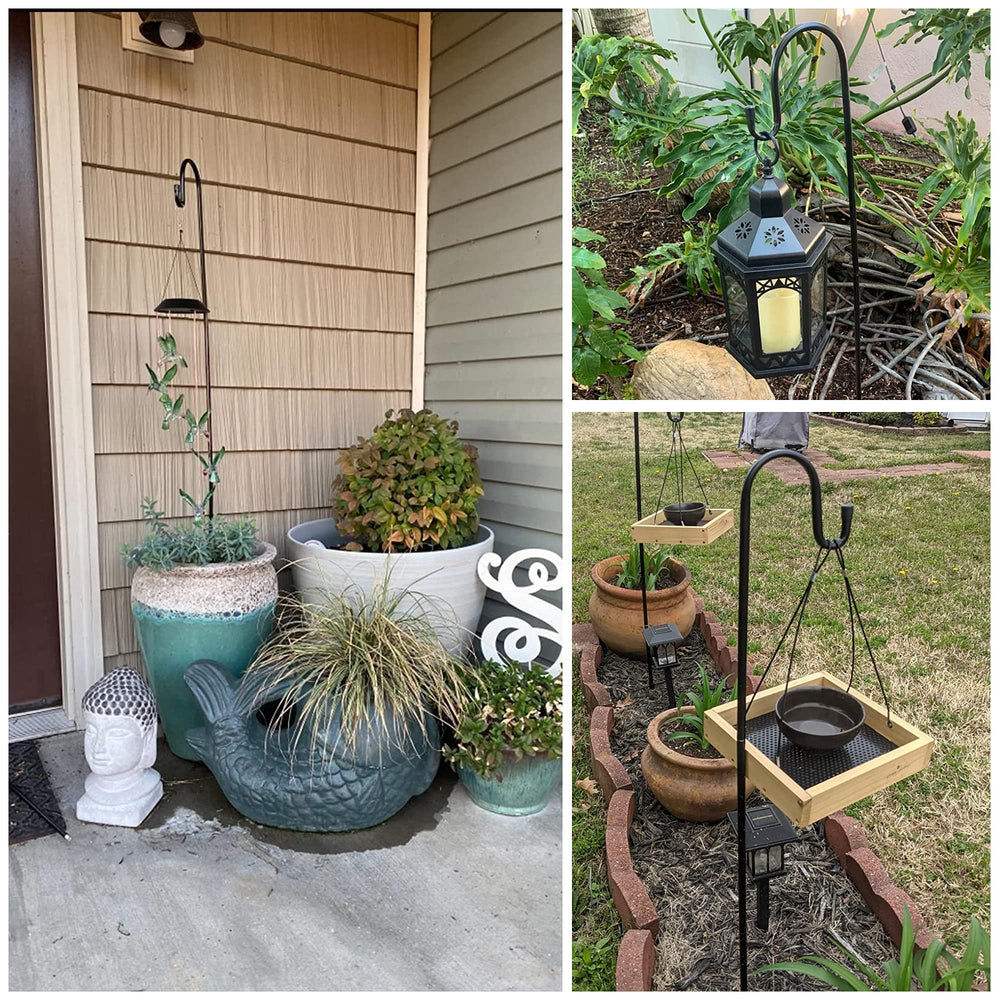 Ottsuls hook holding hanging planter in garden showing elevated display benefit