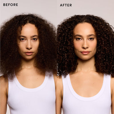 OUAI before and after detangling comparison showing smoother, manageable hair