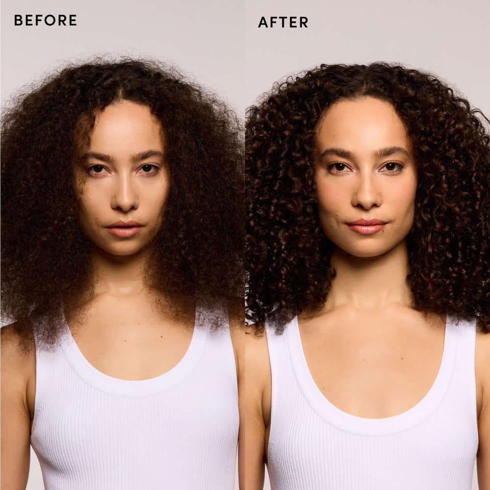 OUAI before and after detangling comparison showing smoother, manageable hair