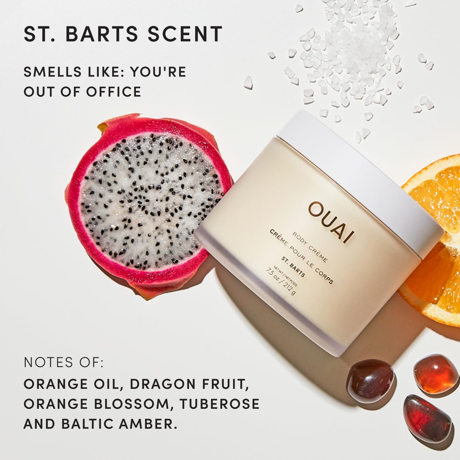 Detalle de la etiqueta OUAI Body Cream St. Barts con listado de ingredientes clave