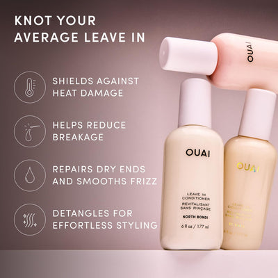 OUAI bottle flatlay with key ingredients highlighting conditioning benefits