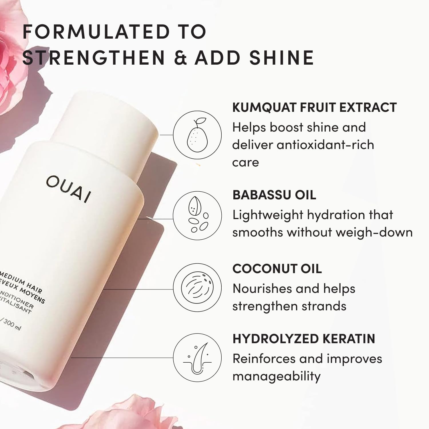 OUAI etiqueta con ingredientes que resalta keratina y extracto de kumquat