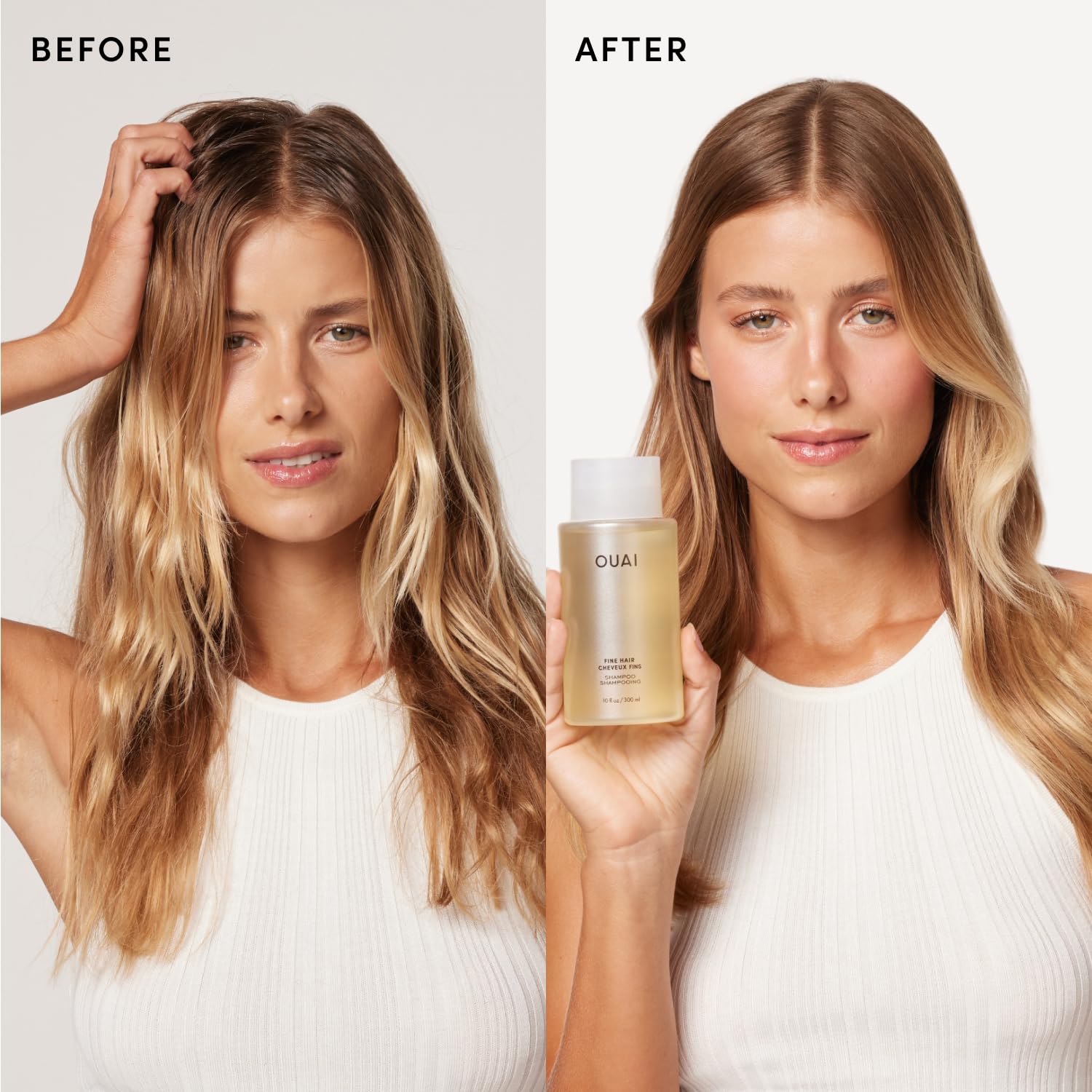 OUAI etiqueta del envase en primer plano con ingredientes y beneficios