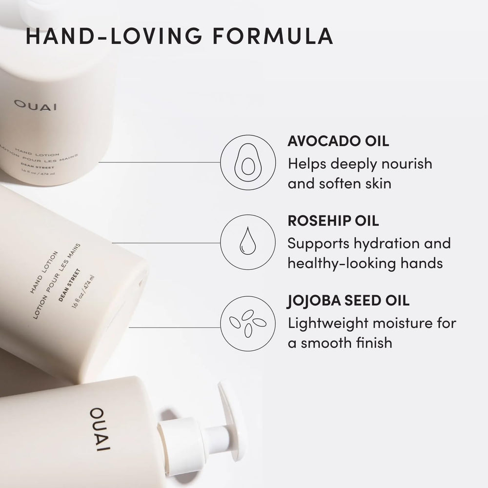OUAI loción junto a mano para comparar tamaño y cantidad