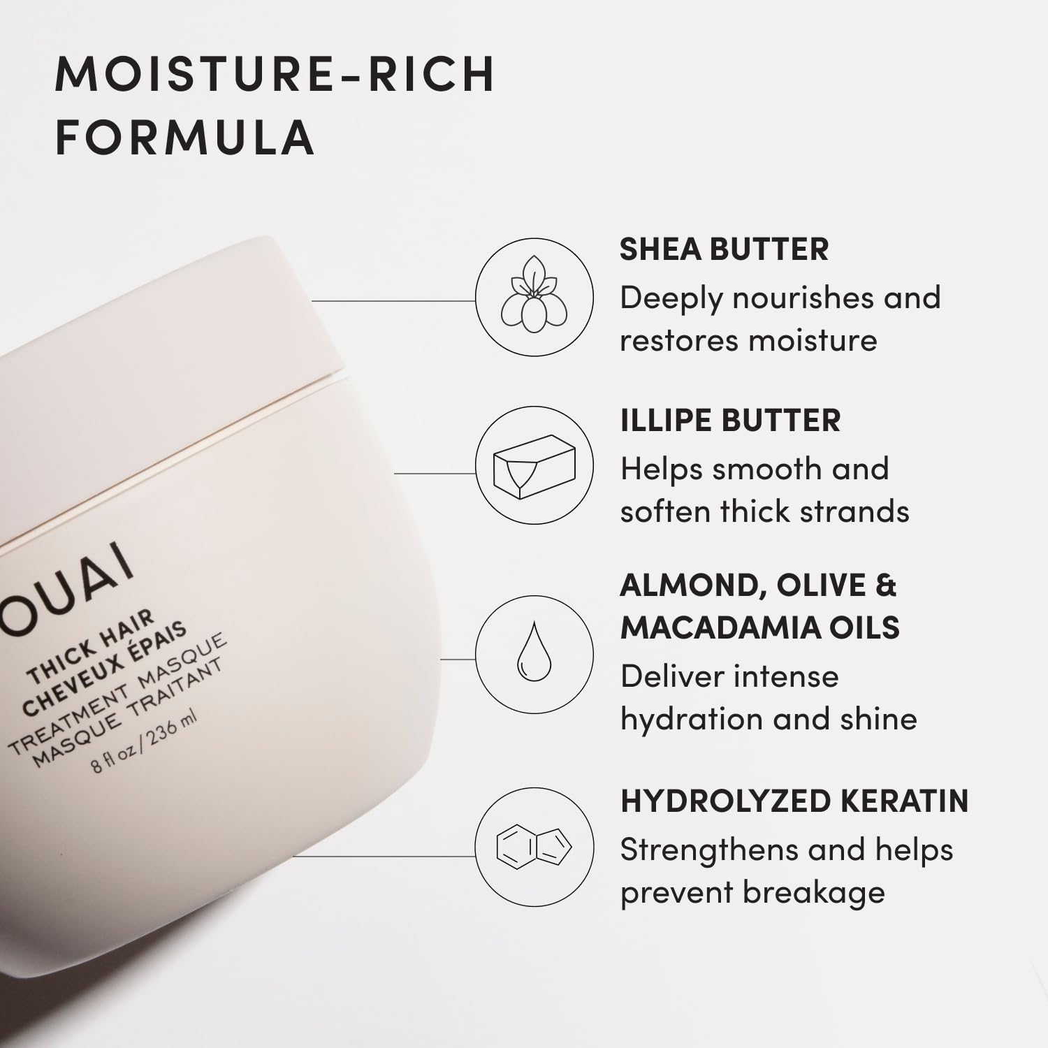 OUAI etiqueta con ingredientes clave que nutren y fortalecen