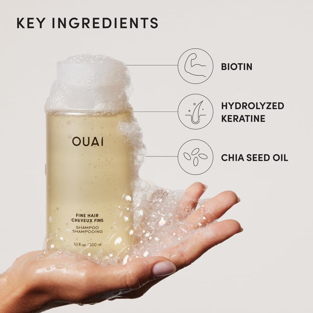 OUAI shampoo bottle in shower to show easy everyday use