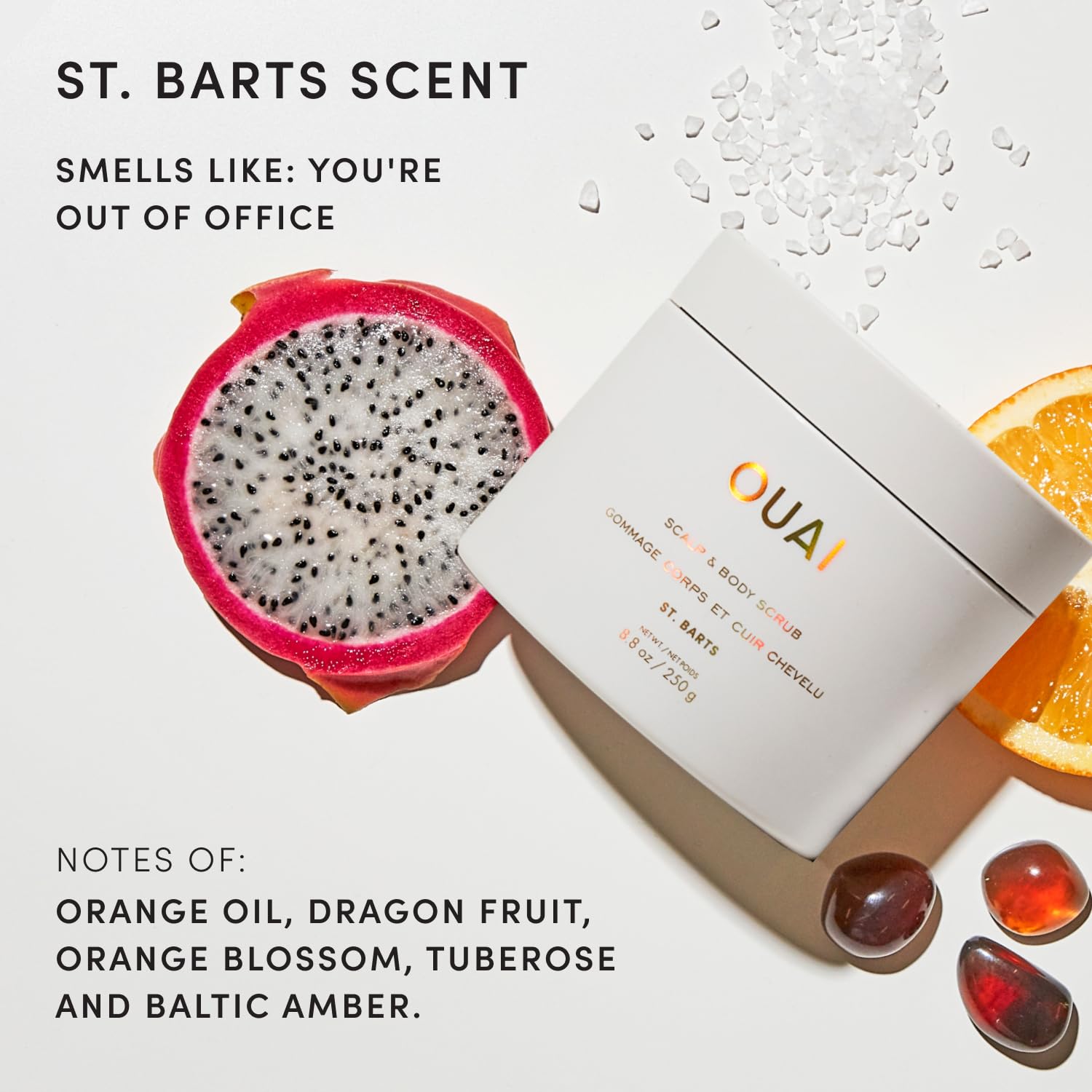 OUAI etiqueta con ingredientes destacando aceite de coco y beneficios hidratantes