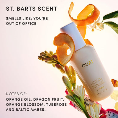 OUAI label close-up showing ingredient highlights and heat protection benefit