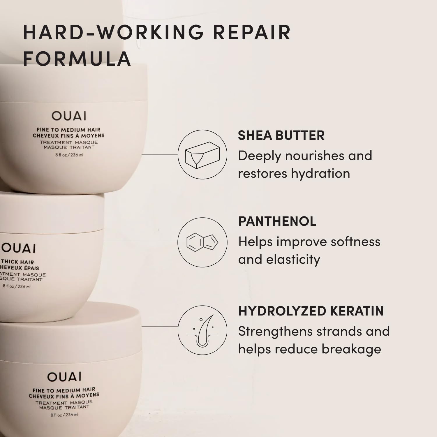 OUAI etiqueta con ingredientes clave que fortalece y humecta