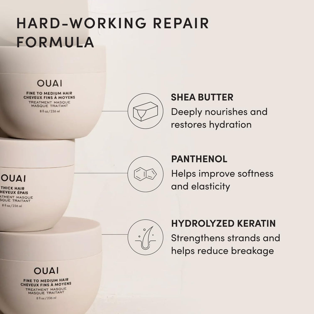 OUAI etiqueta con ingredientes clave que fortalece y humecta