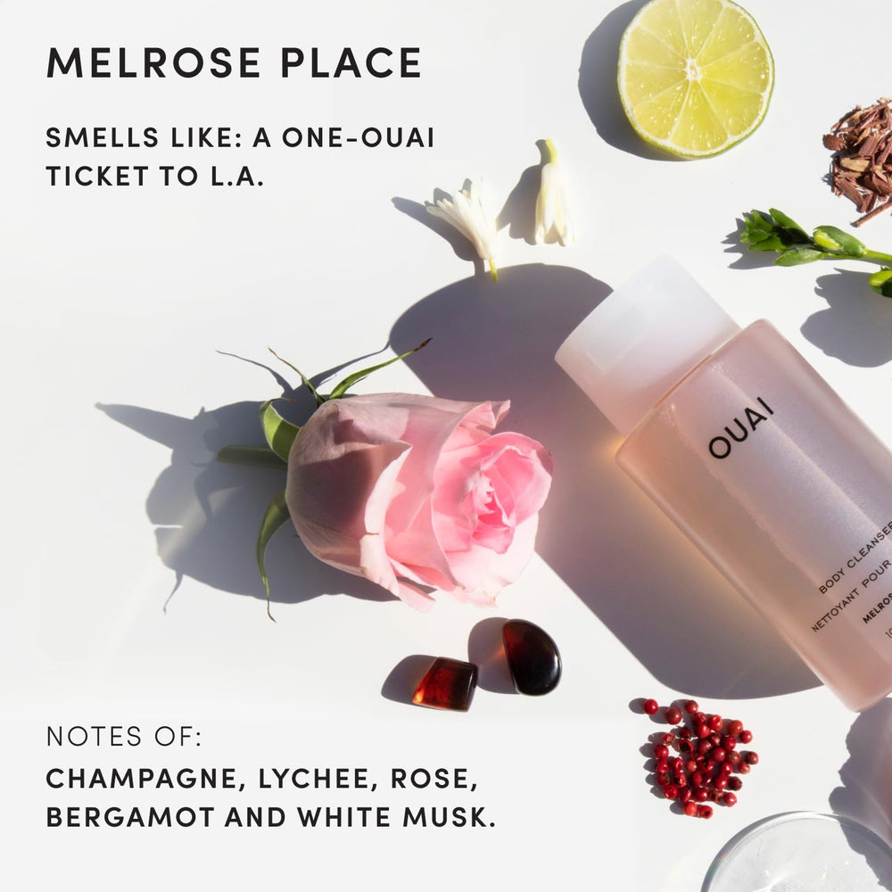 OUAI Melrose Place comparación de tamaño 10 fl oz para viajar