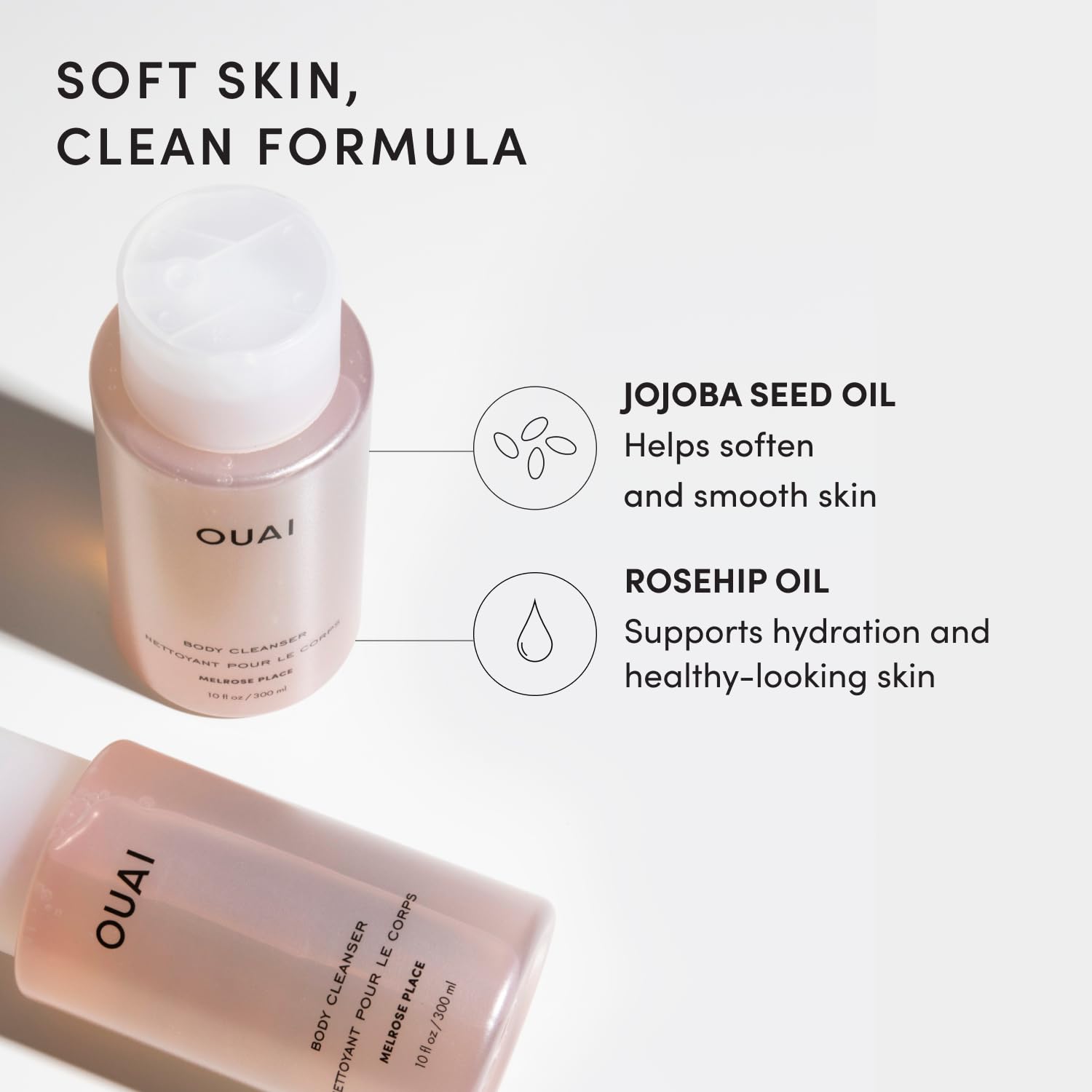 OUAI Melrose Place gel en uso en la ducha con piel hidratada