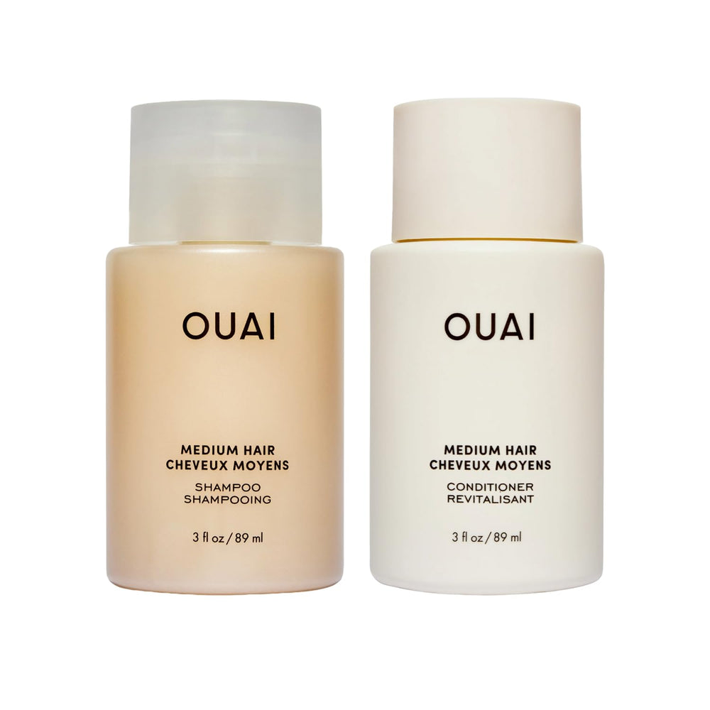 OUAI set de viaje frente mostrando champú y acondicionador, práctico para viajes