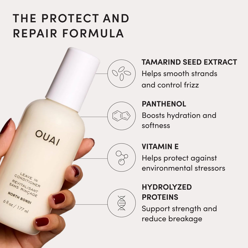 OUAI bottle next to hand showing full-size scale and travel convenience