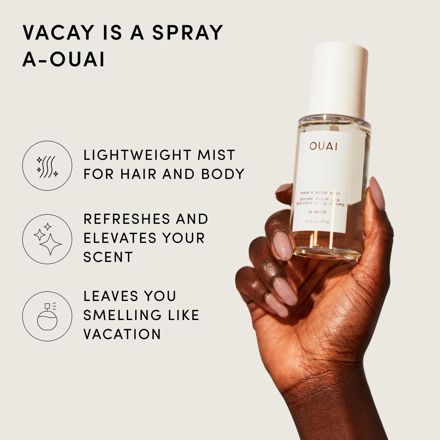 OUAI bottle side label close-up highlighting scent notes and clarity benefit