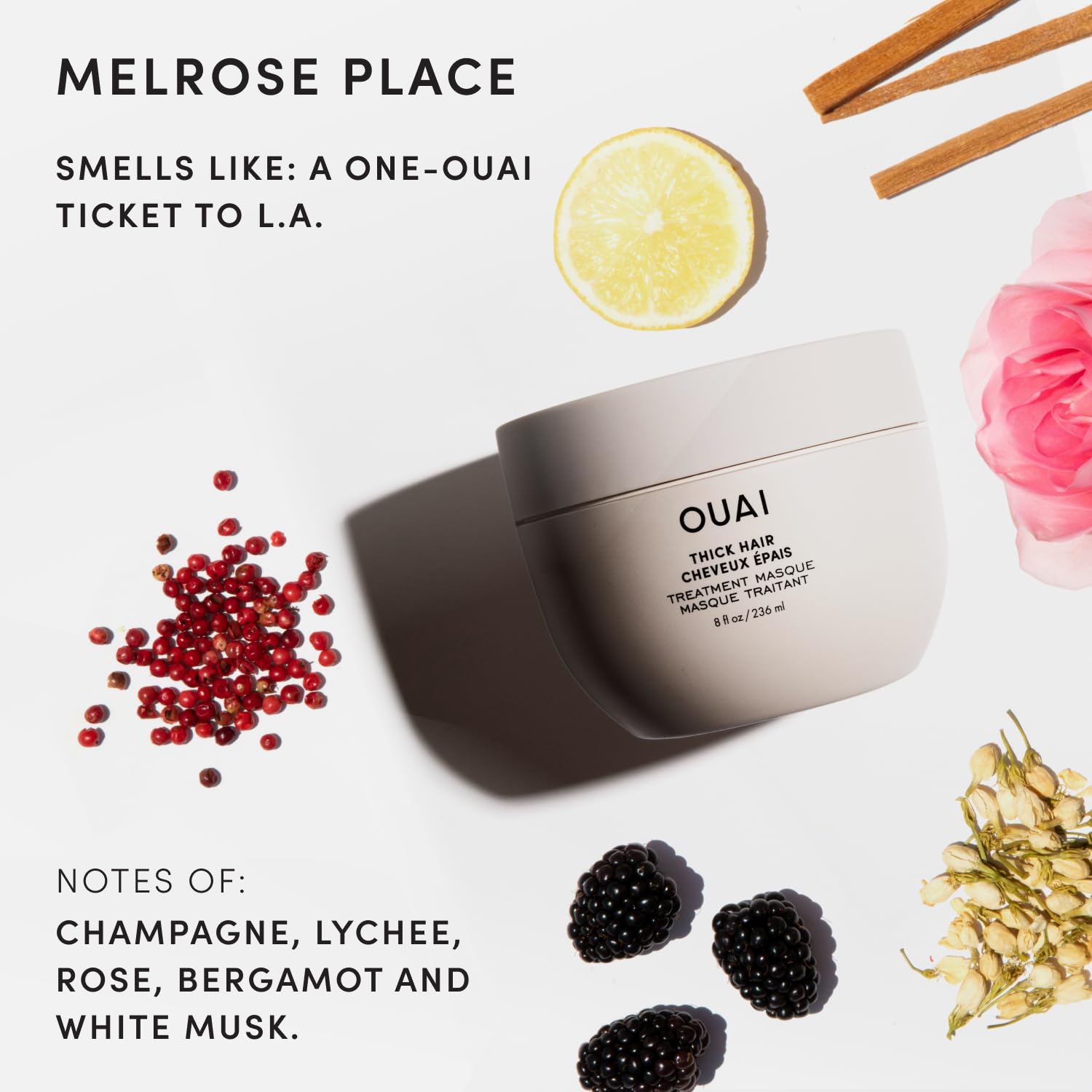 OUAI junto a objeto para comparar tamaño de 8 fl oz práctico
