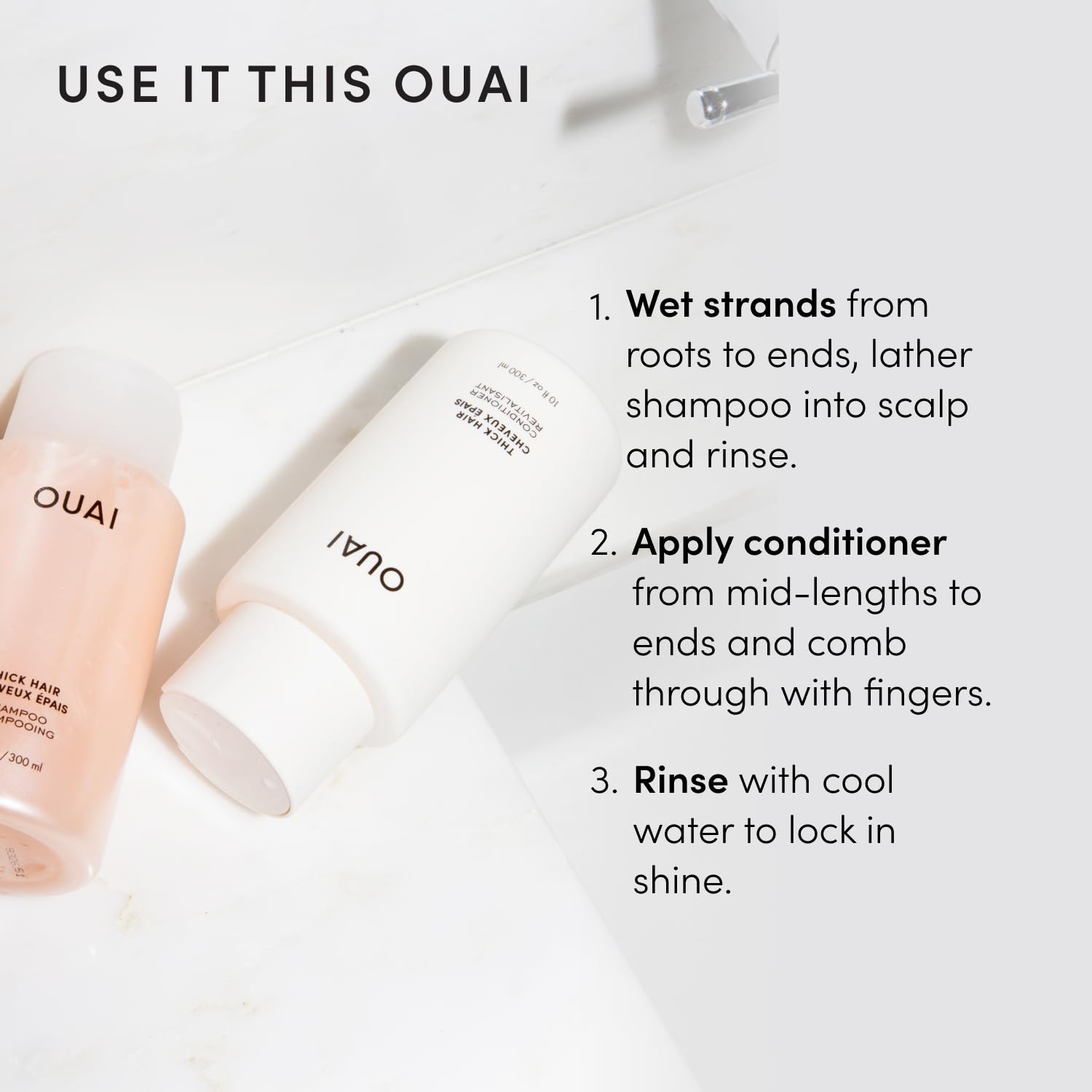 Aplicación de OUAI champú y acondicionador en cabello mojado para desenredar