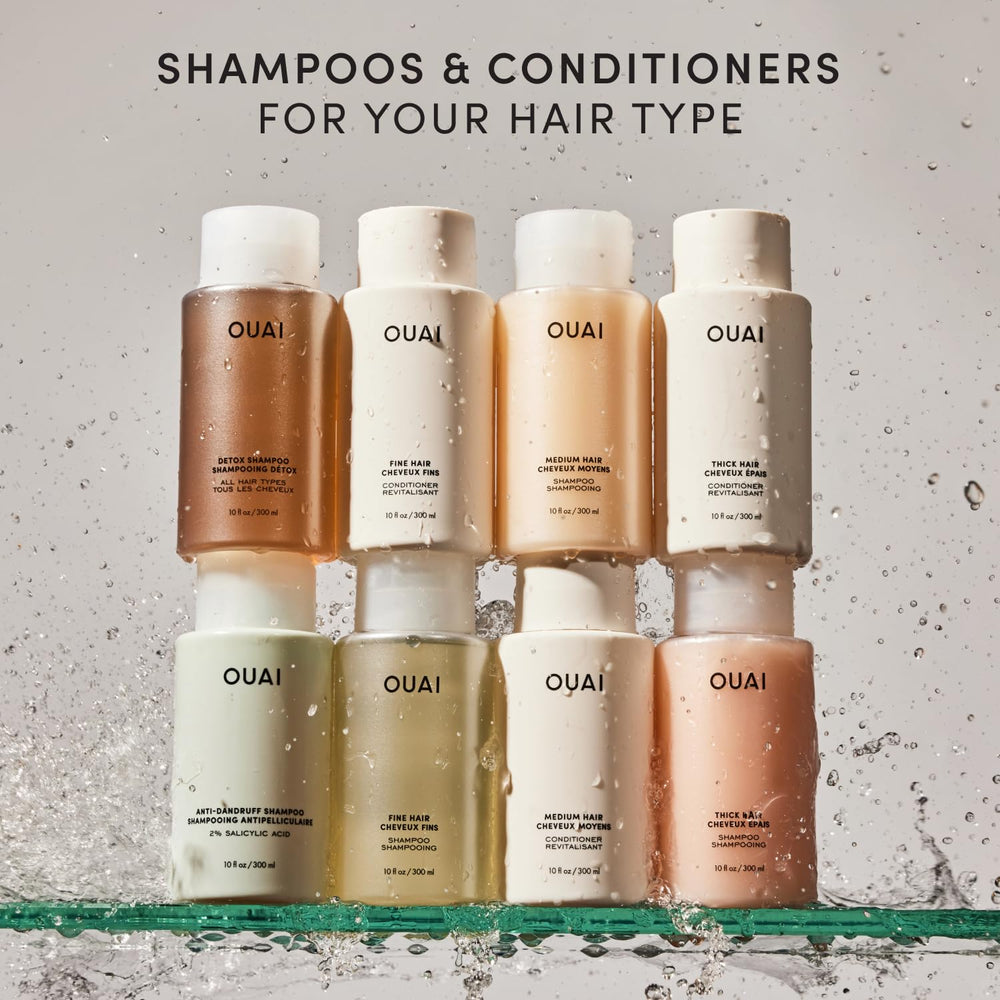OUAI conditioner on bathroom shelf conveying everyday luxury routine