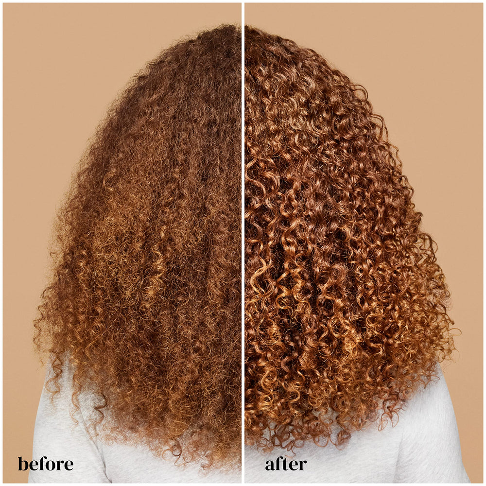 Ouidad before and after image showing frizz control and shine