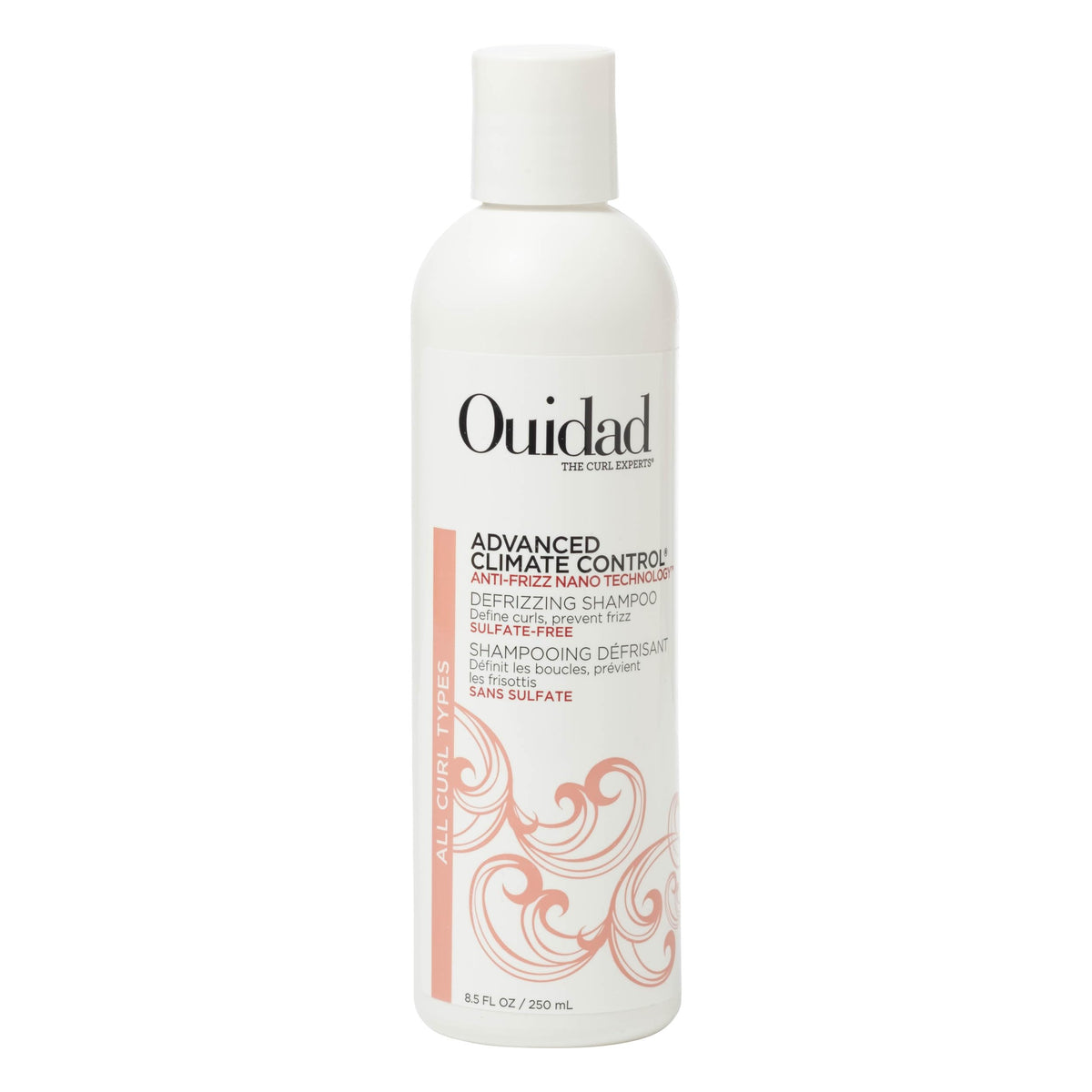 Ouidad botella frontal mostrando diseño y beneficio anti-frizz