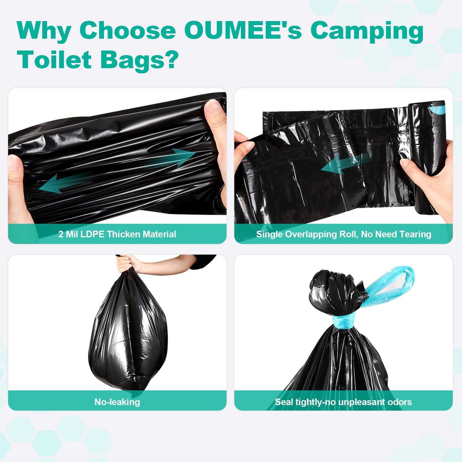 OUMEE bolsa instalada en inodoro portátil durante acampada, uso discreto y limpio