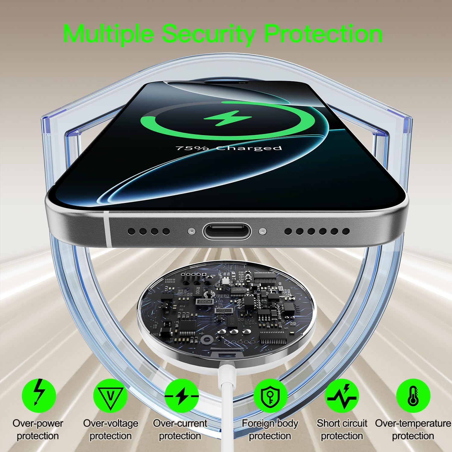 Ouotoo iPhone cargando de noche con seguridad y apagado por calor