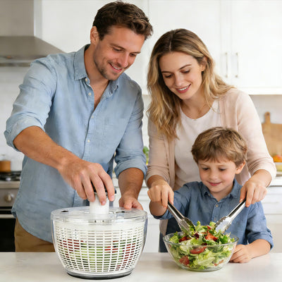 Ourokhome in a kitchen during salad prep showing time-saving benefit