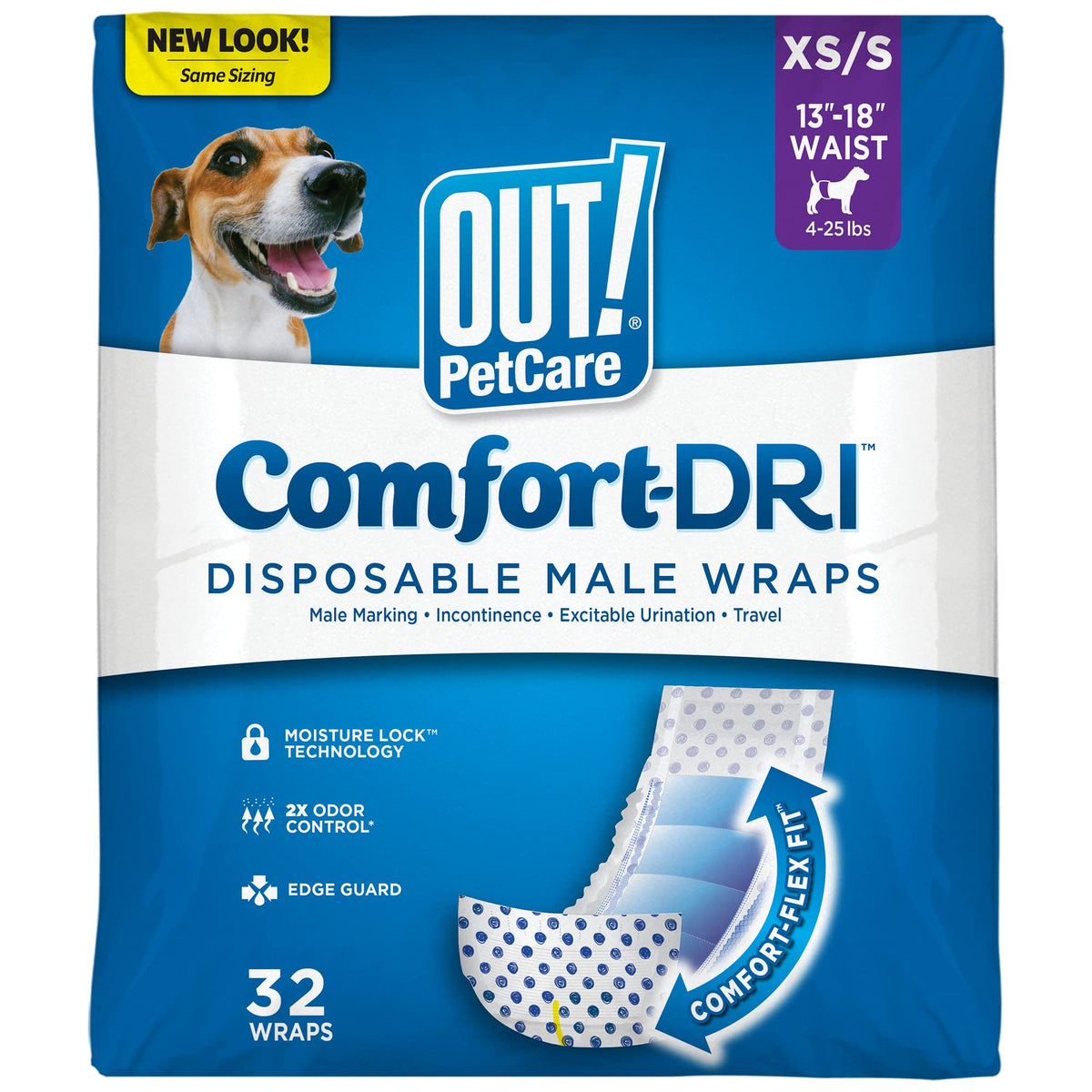 OUT! PetCare empaque frontal mostrando 32 unidades y beneficios prácticos