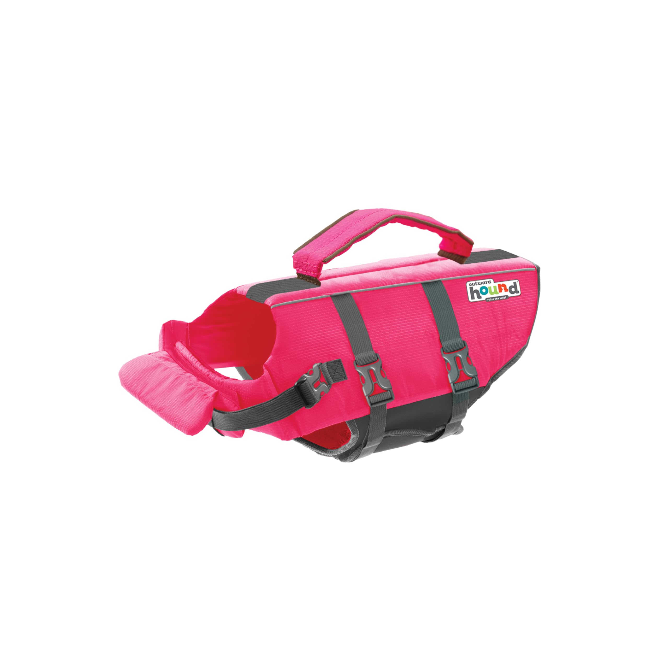 Outward Hound front view showing pink life jacket and secure flotation