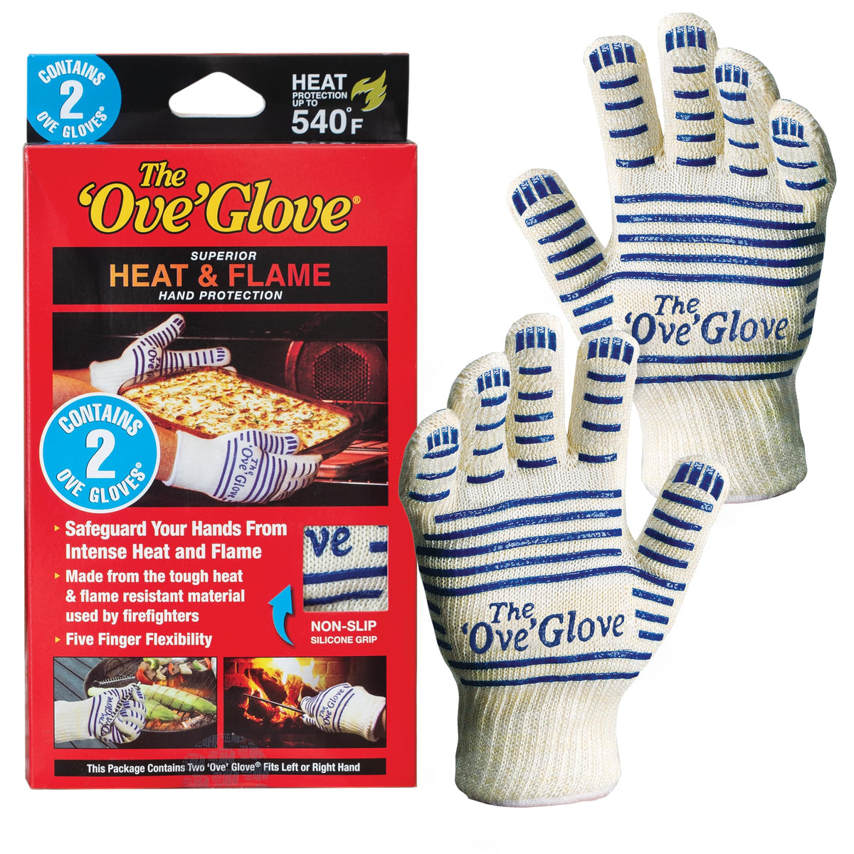 Ove Glove front packaging showing pair and features for safe storage
