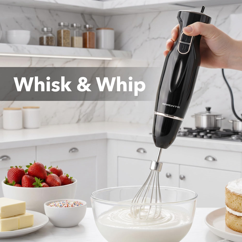 OVENTE hand blender blending soup in pot for convenient one-handed use