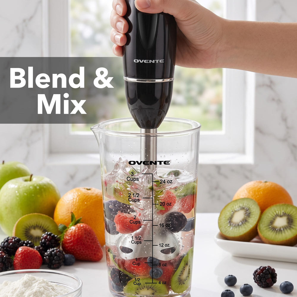 OVENTE blender held in hand showing compact size and ergonomic grip